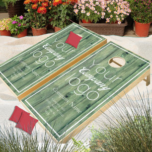 Weathered Green Wood White Script Your Logo Here Cornhole Set