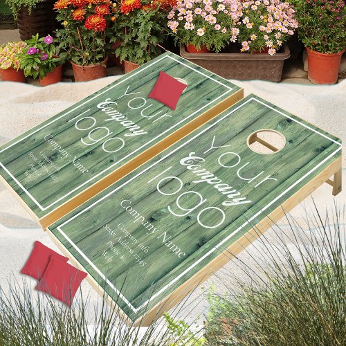 Weathered Green Wood White  Script Your Logo Here  Cornhole Set