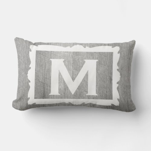 Weathered Grey Wood Rustic Framed Monogram Lumbar Pillow