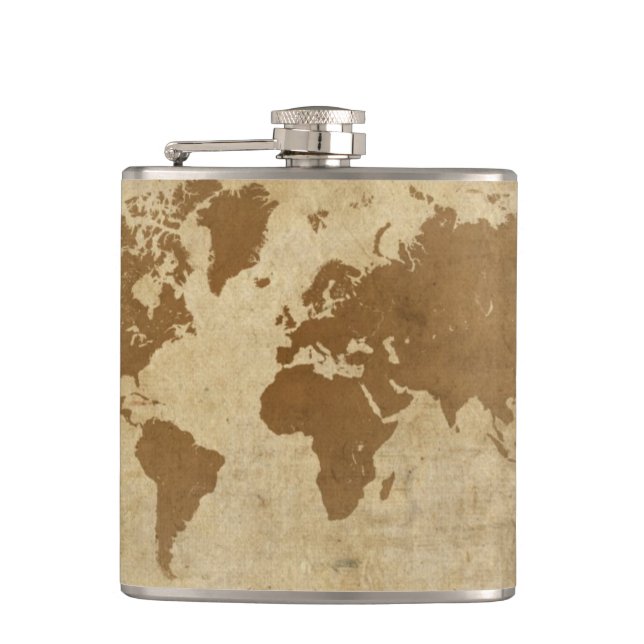 Weathered Parchment World Map Hip Flask (Front)