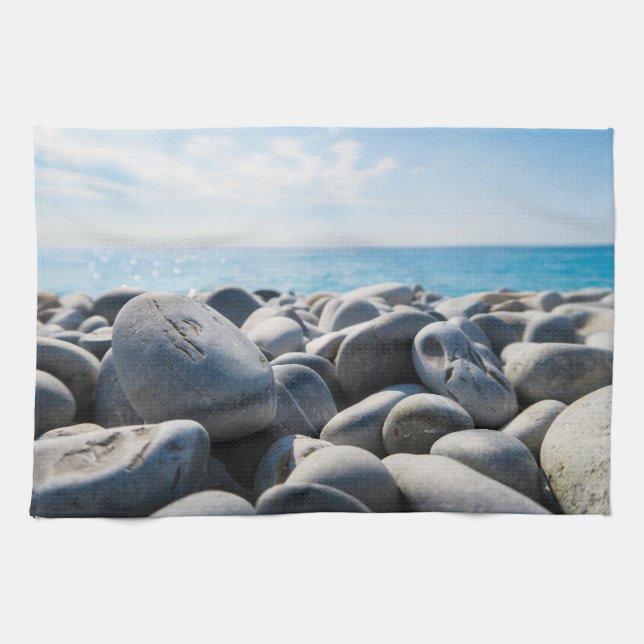 Weathered rock beach with sea and sky kitchen towel (Horizontal)