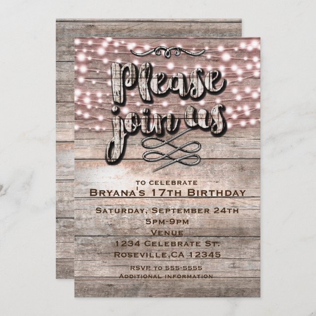 Weathered Rustic Wood & Lights Elegant Invitations (Front/Back)