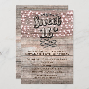 Weathered Rustic Wood & Lights SWEET 16 Invitation