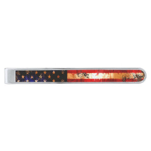 Weathered Rusty American Flag Silver Finish Tie Clip
