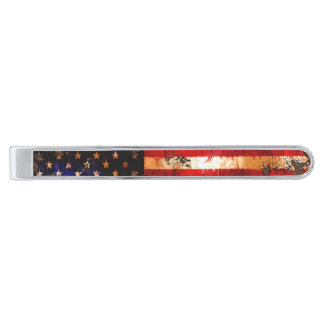 Weathered Rusty American Flag Silver Finish Tie Clip
