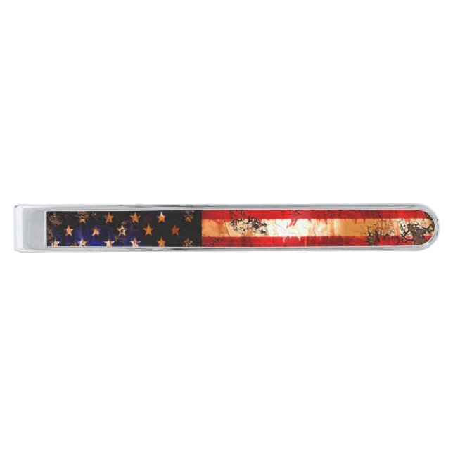 Weathered Rusty American Flag Silver Finish Tie Clip (Front)