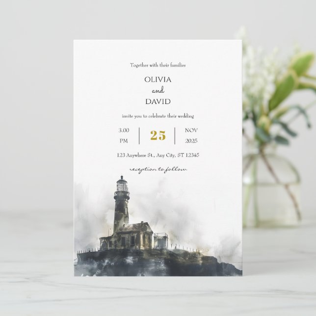 Weathered Seaside Lighthouse Island Beach Wedding  Invitation (Standing Front)