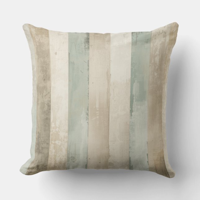 Weathered Soft Blue Tan Brown White Rustic Stripe Throw Pillow (Front)