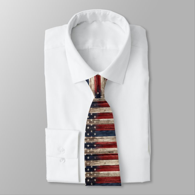 Weathered Stars & Stripes Wood Flag Neck Tie (Tied)
