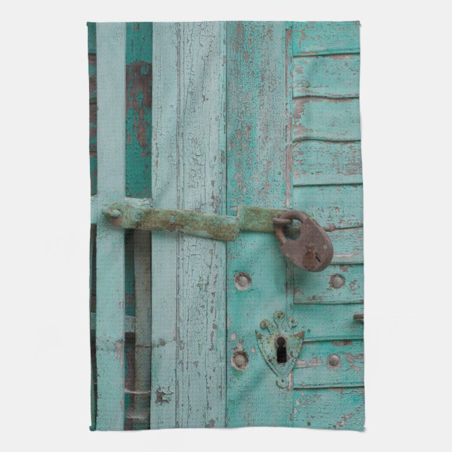Weathered Turqouise Door Kitchen Towel (Vertical)