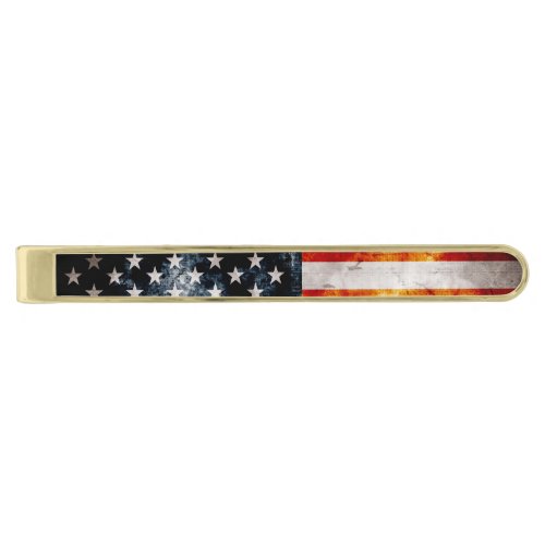 Weathered Vintage American Flag Gold Finish Tie Clip