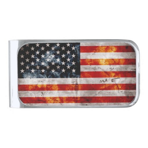 Weathered Vintage American Flag Silver Finish Money Clip