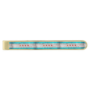 Weathered Vintage Chicago State Flag Gold Finish Tie Clip