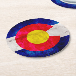 Weathered Vintage Colorado State Flag Round Paper Coaster