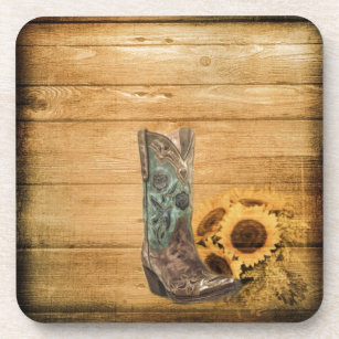 Weathered Western Country sunflower cowboy boot Beverage Coaster