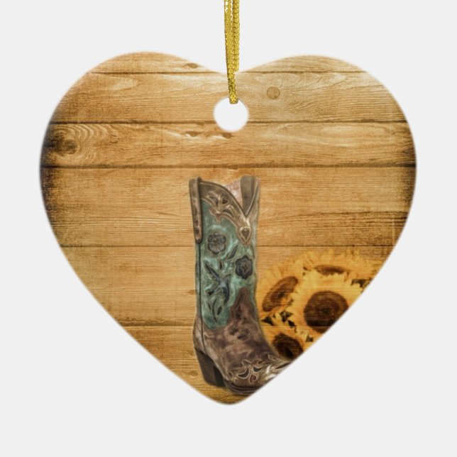 Weathered Western Country sunflower cowboy boot Ceramic Ornament (Front)