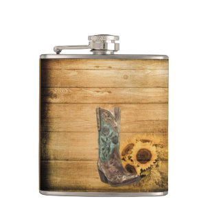 Weathered Western Country sunflower cowboy boot Flask