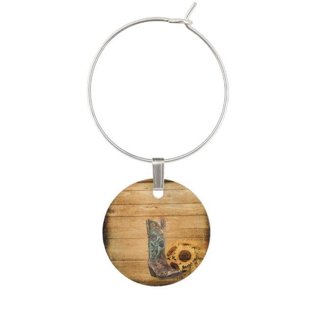 Weathered Western Country sunflower cowboy boot Wine Glass Charm (Front)