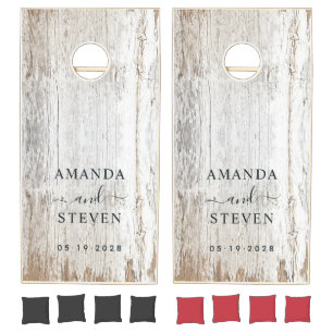 Weathered White Wash Couple Name with Wedding Date Cornhole Set