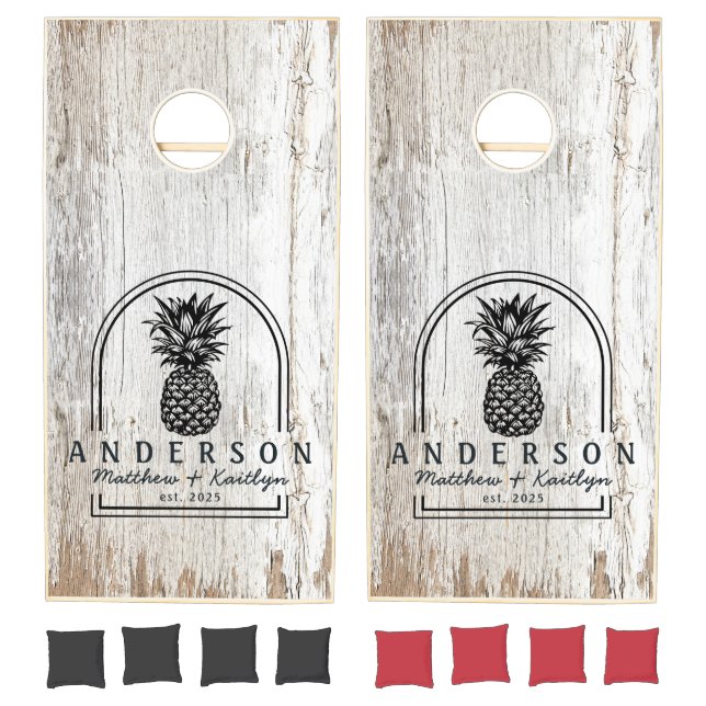 Weathered White Wash Pineapple Wedding Arch & Name Cornhole Set (Set)
