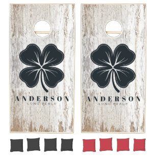 Weathered White Washed Four Leaf Clover with Name Cornhole Set