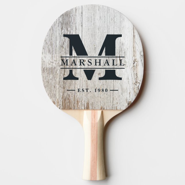 Weathered White Washed Monogram & Name Overlay Ping Pong Paddle (Back)