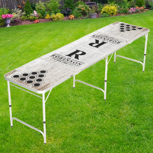 Weathered White Washed Wood Family Name & Initial Beer Pong Table