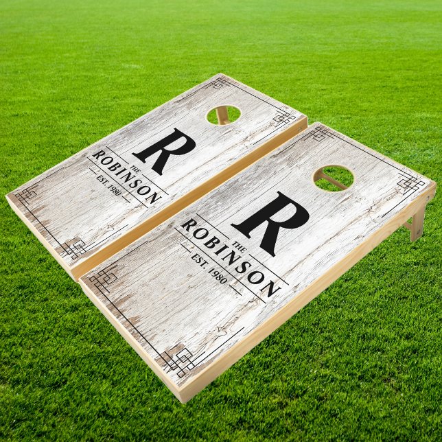 Weathered White Washed Wood Family Name & Initial Cornhole Set (Creator Uploaded)