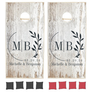 Weathered White Washed Wood Leaf Wedding Monogram Cornhole Set
