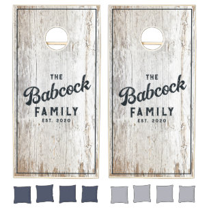 Weathered White Washed Wood Retro Family Name&Year Cornhole Set