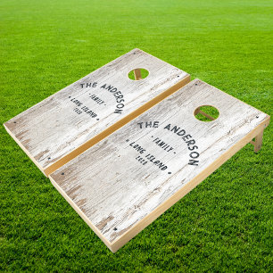 Weathered White Washed Wood Vintage Seaside Family Cornhole Set