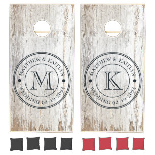 Weathered White Washed Wood Wedding Monogram Cornhole Set