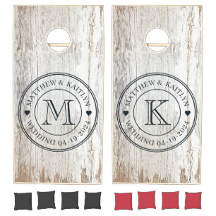 Weathered White Washed Wood Wedding Monogram Heart Cornhole Set