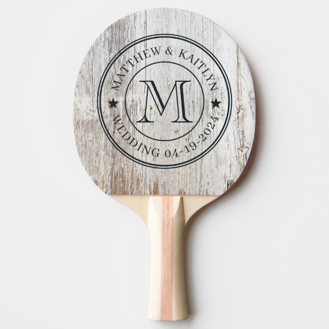 Weathered White Washed Wood Wedding Monogram Star Ping Pong Paddle (Front)