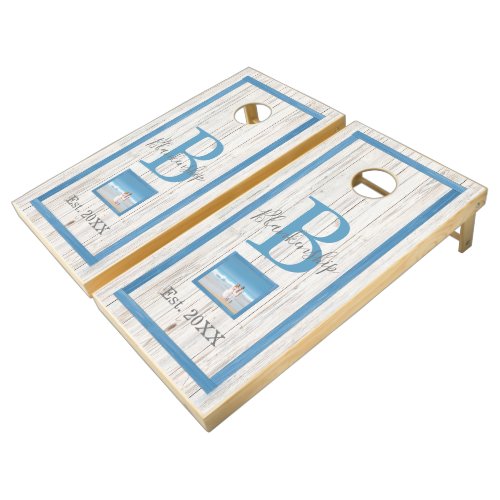 Weathered White Wood Monogram Photo Cornhole Set