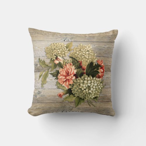 Weathered Wood and Watercolor Flowers Throw Pillow