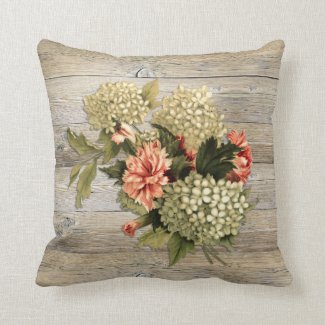 Weathered Wood and Watercolor Flowers Throw Pillow