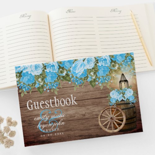 Weathered Wood Barrel _ Baby Blue Flower Guest Book