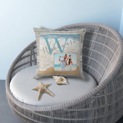 Weathered Wood Beach Scene Monogram Outdoor Pillow