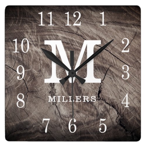 Weathered Wood Farmhouse Monogram Family Name Square Wall Clock