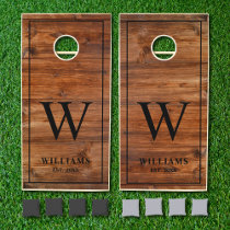 Weathered Wood Grain Texture Family Name Monogram Cornhole Set