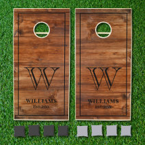 Monogram Family Name Grain Wood Wedding Cornhole Set