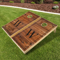 Weathered Wood Grain Texture Family Name Monogram Cornhole Set