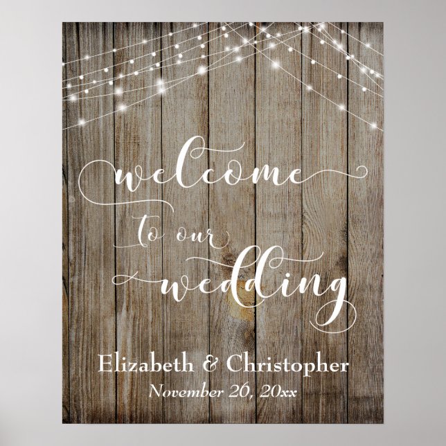 Weathered Wood & Lights Wedding Welcome Sign (Front)