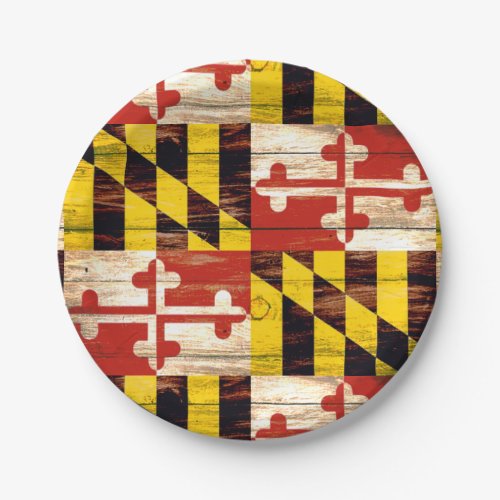 Weathered wood Maryland flag paper plates