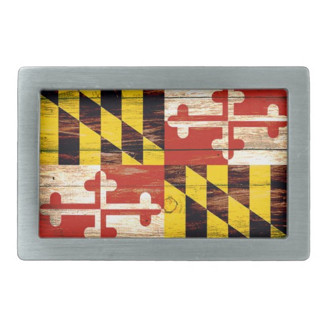 Weathered wood Maryland flag rectangle belt buckle (Front)