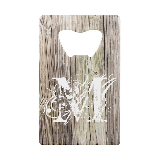 Weathered Wood Monogrammed Credit Card Bottle Opener (Front)