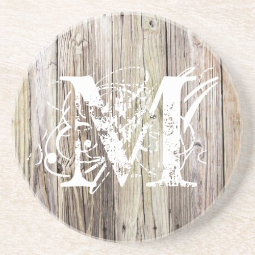 Weathered Wood Monogrammed Sandstone Coaster