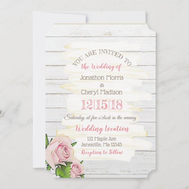 Weathered Wood Pink Floral Wedding Invitation (Front)