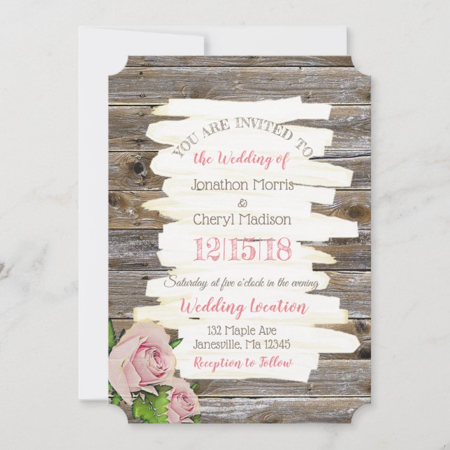 Weathered Wood Pink Floral Wedding Invitation (Front)